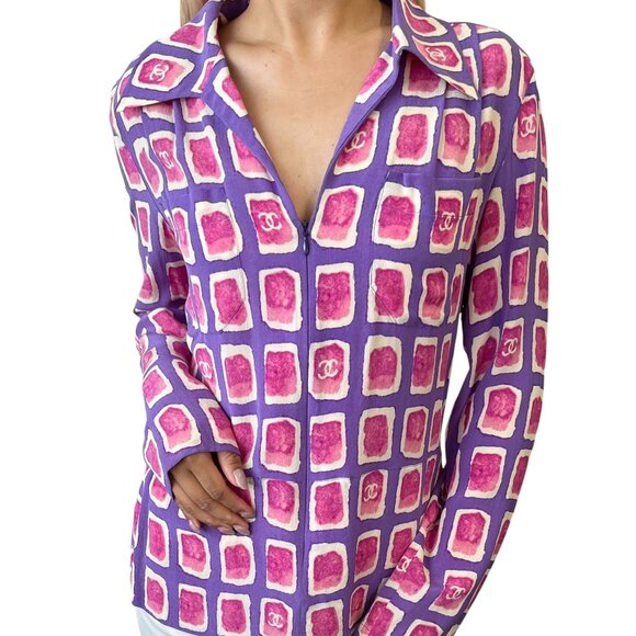 CHANEL Vintage 01P CC Mark Logo Shirt Zip Poket #36 Purple Pink Silk [106321] - Picture 1 of 10